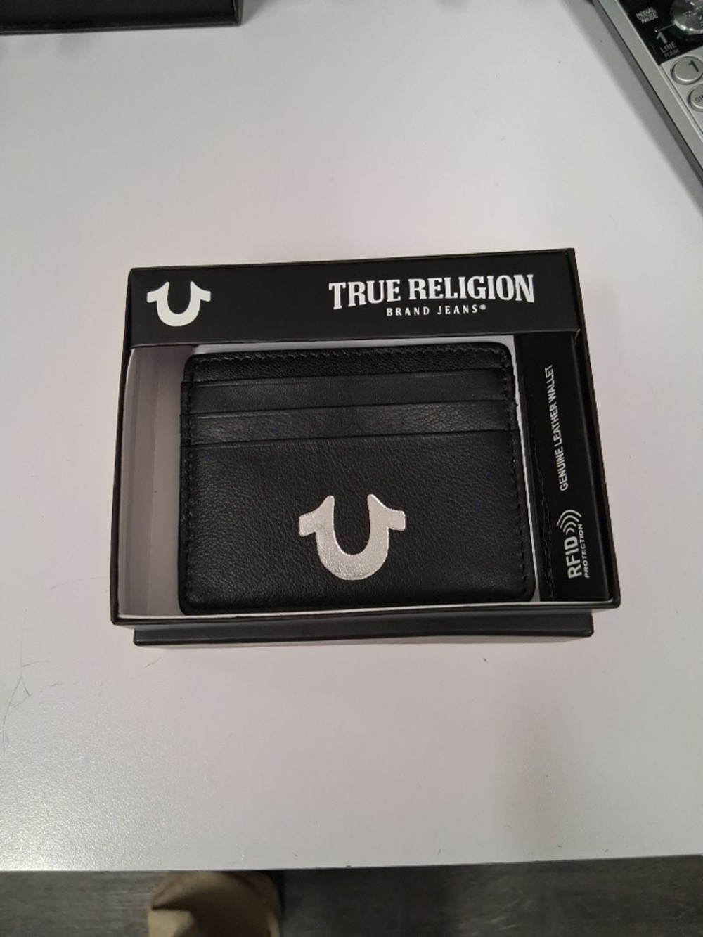 True Religion Black Leather Card & Key Sleeve with White Logo